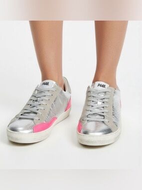 P448 Metallic Silver Sneakers with Pink Accents